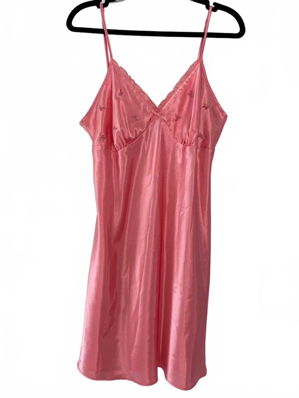 Adonna Chemise Womens Size L Pink Satin Floral Embroidery Ruffle V-Neck